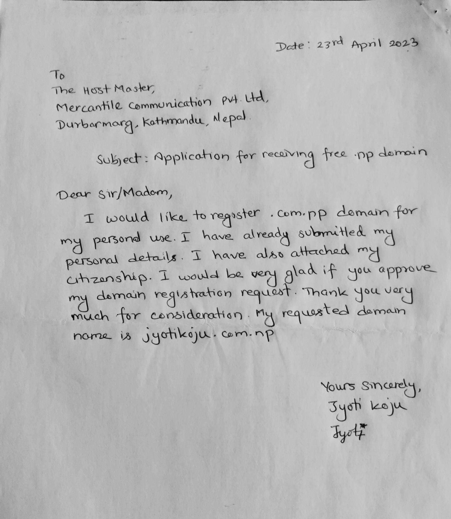 cover letter to register .com.np